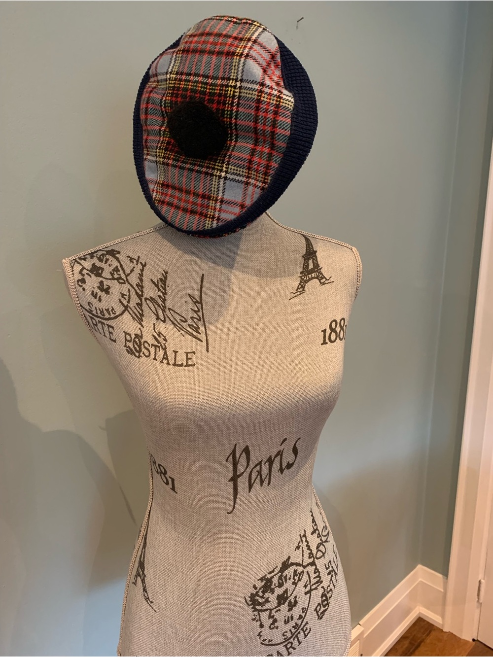 Plaid Beret with Pom in Navy & Red